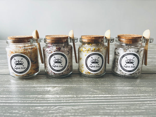 Epsom Bath Salts with Botanicals & Essential Oil in Glass Corked Jar with Spoon