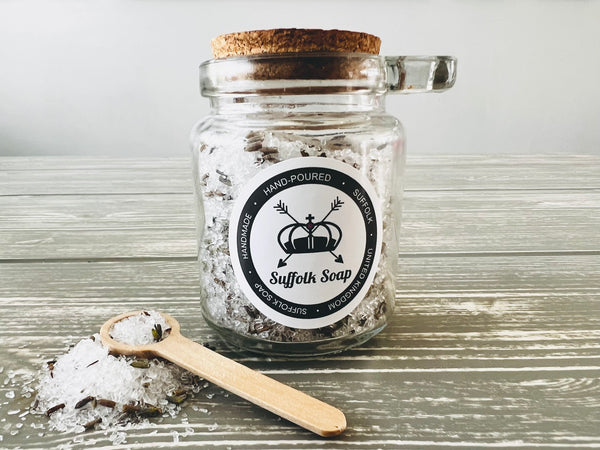 Epsom Bath Salts with Botanicals & Essential Oil in Glass Corked Jar with Spoon