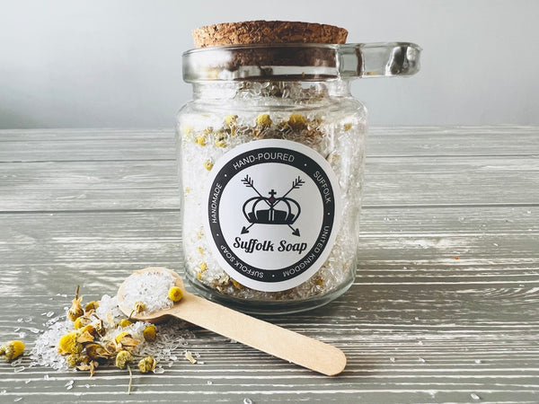 Epsom Bath Salts with Botanicals & Essential Oil in Glass Corked Jar with Spoon