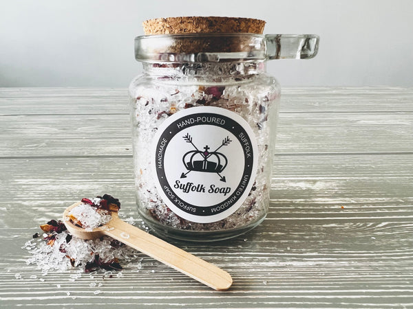 Epsom Bath Salts with Botanicals & Essential Oil in Glass Corked Jar with Spoon