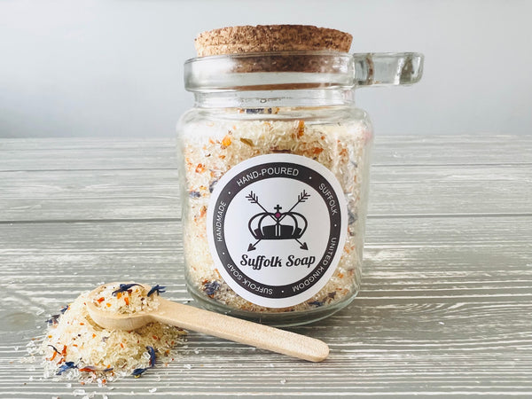Epsom Bath Salts with Botanicals & Essential Oil in Glass Corked Jar with Spoon